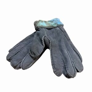 Dark Blue Womens‎ Genuine Sheepskin Leather Gloves  Faux Tie Dye Fur